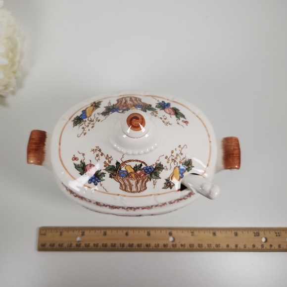 Small Vintage Porcelain Soup Gravy Tureen Dish w/ Lid & Ladle, Japan, Fall Fruit - Picture 8 of 10